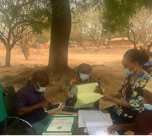 Banyan Global Private Sector Advisor Theresa Adaji (right) works with private health facility staff to analyze their malaria reporting statistics